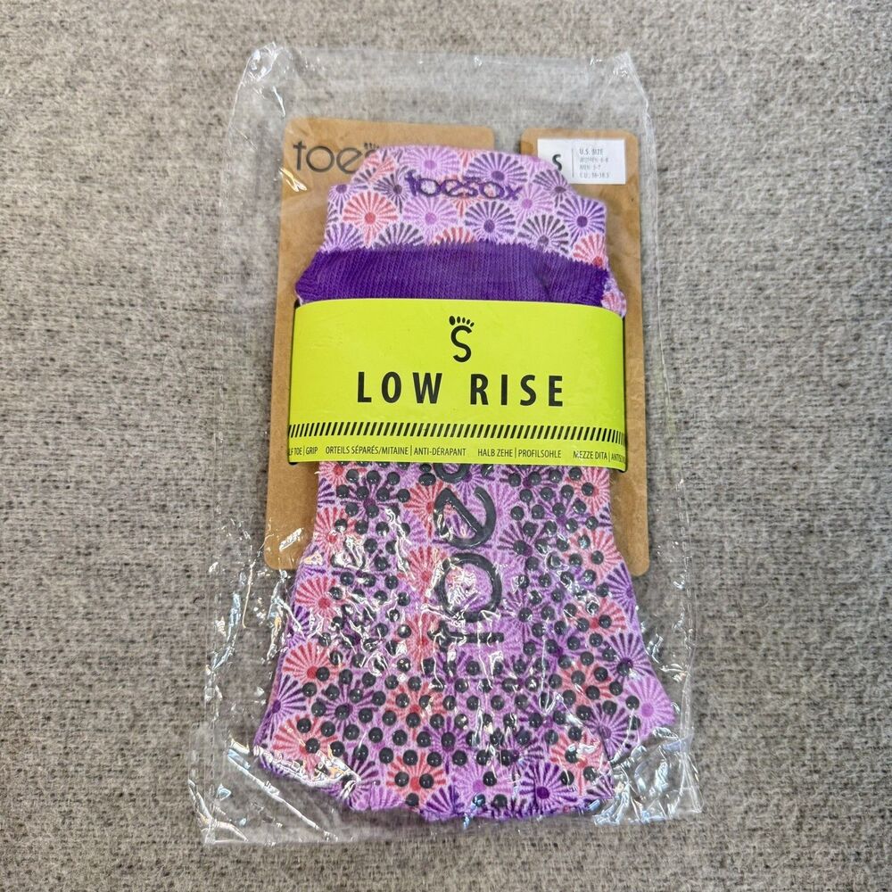 Toesox Low Rise Half Toe Grip Socks Arch Support Purple Print NEW Women Size S